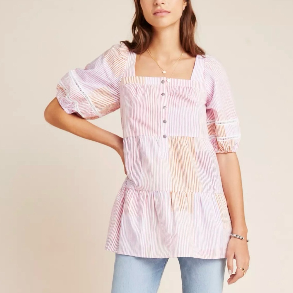 Anthropologie Maeve‎ Gable Pink Striped Tiered Babydoll Puff Sleeves Tunic Top S